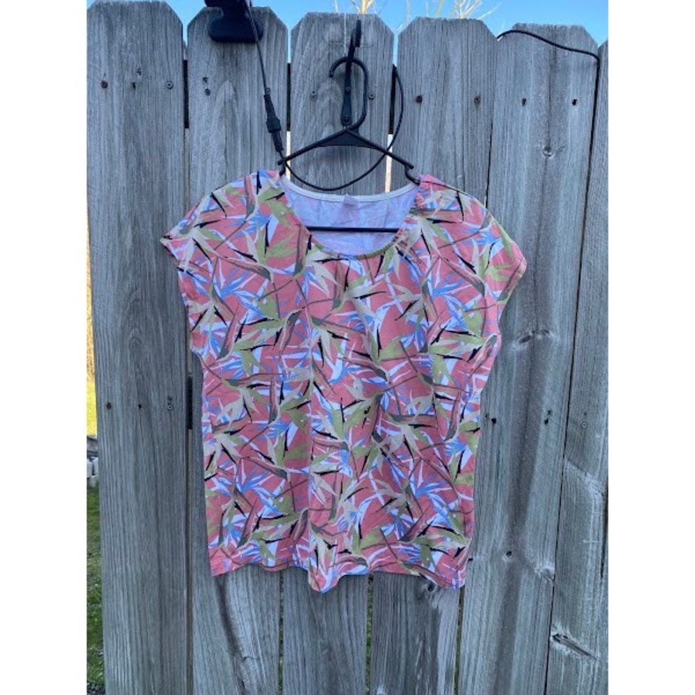 Tropical Palm Leaf Print Cap Sleeve Top Pink Green Blue USA S